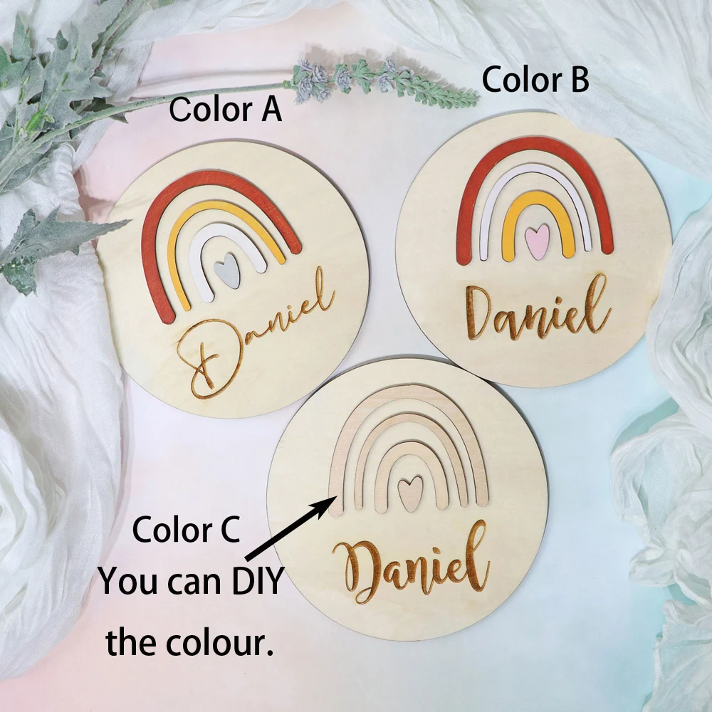 Custom Name Rainbow Birth Announcement Sign DIY Color Personalized A Set Hello World Wooden 3D Newborn Baby Name Sign Photo Prop