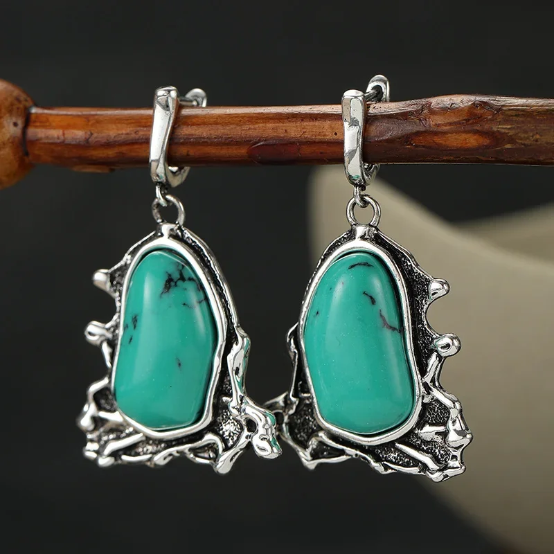 Bohemian Style Irregular Design Women's Earrings Inlay Imitation Turquoise Ethnic Pendant Earrings Vintage Jewelry Accessory