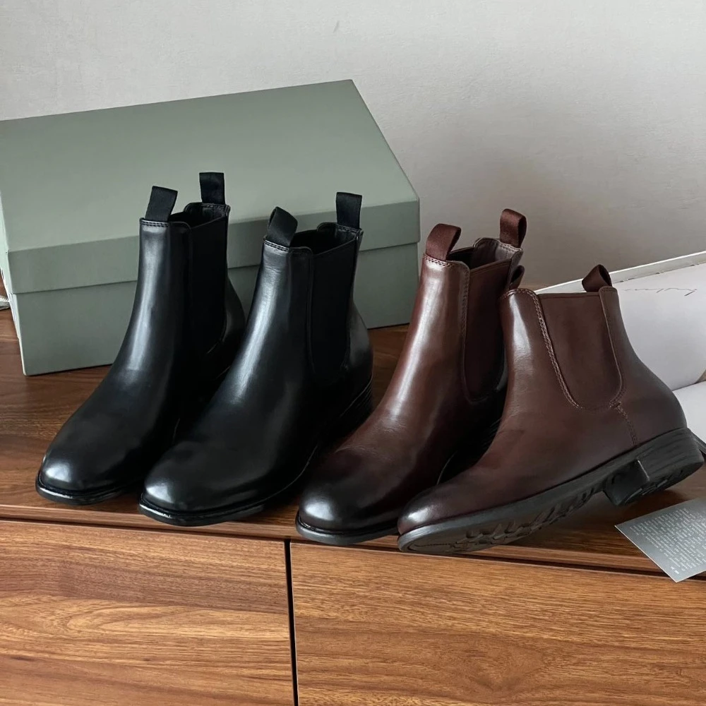 New Retro British-Style Chelsea Boots Distressed Finish Genuine Leather Pull-On Ankle Boots