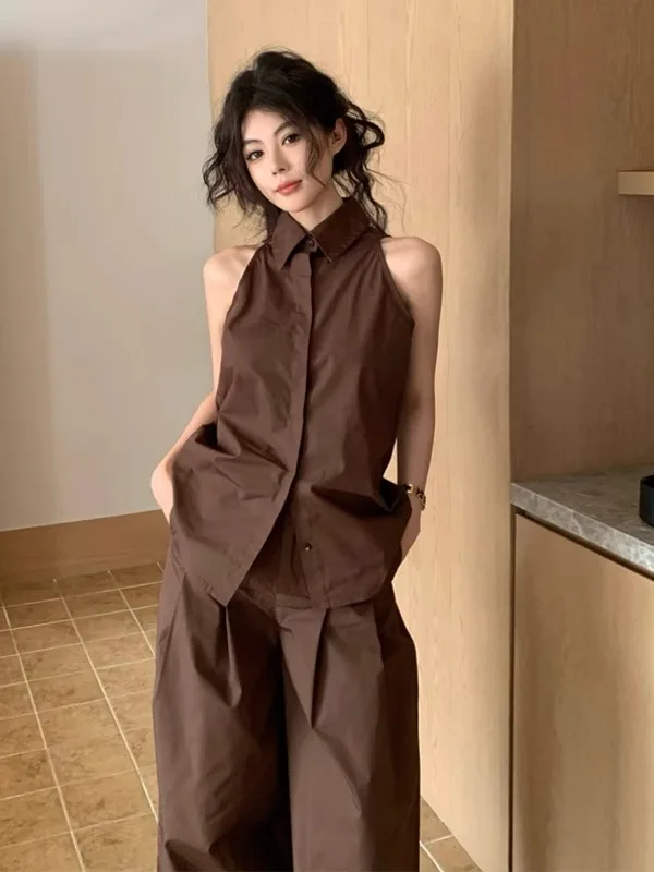 

Elegant Women's Two-Piece Set Sleeveless Vest Shirt Top Wide Leg Pants High-End Feelings Fashionable Workwear Spring Collection