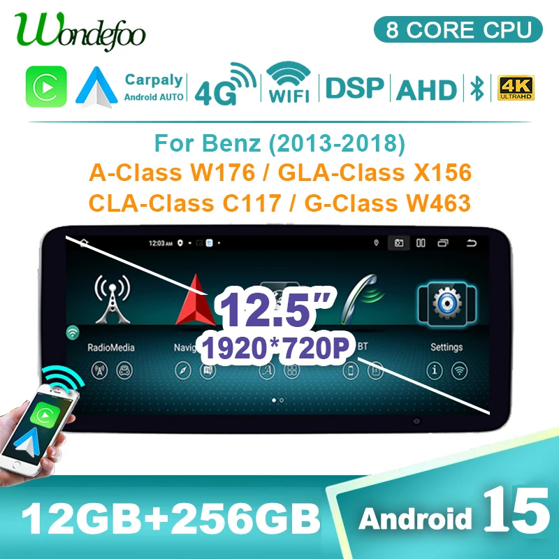 Schermo da 12,5" con Carplay Wireless Android 15 Autoradio Stereo GPS per Mercedes-Benz Classe A CLA /GLA /G-Class W176 C117 X156 W463 2013-2018 Lettore Multimediale per Auto con Radio, Bluetooth,