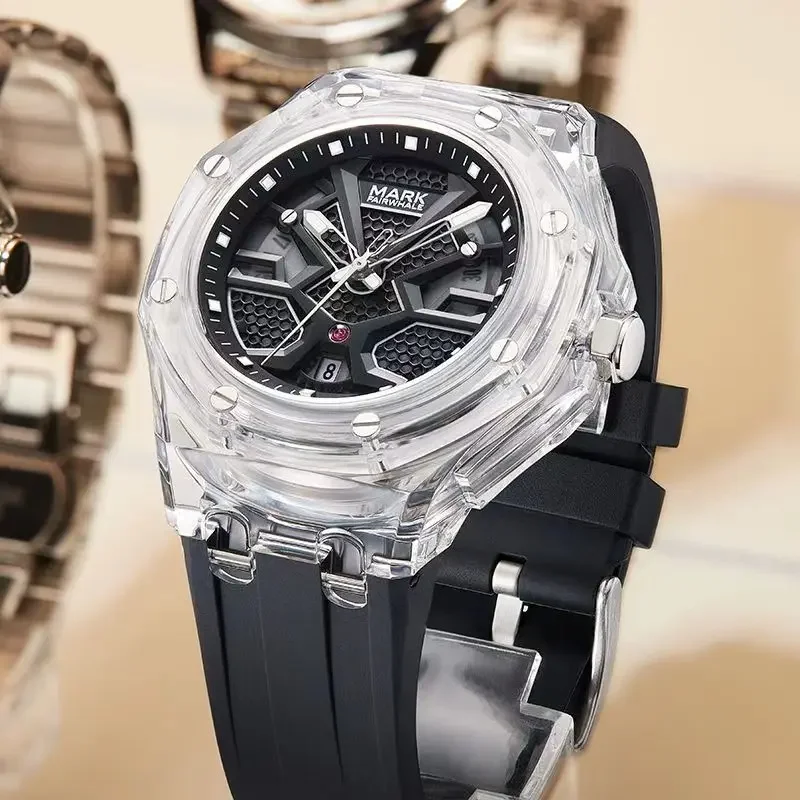 

Mark Fairwhale 5920 Mens Watch Transparent Case Calendar Waterproof Sports Silicone Strap Quartz Watches for Men Reloj Hombre