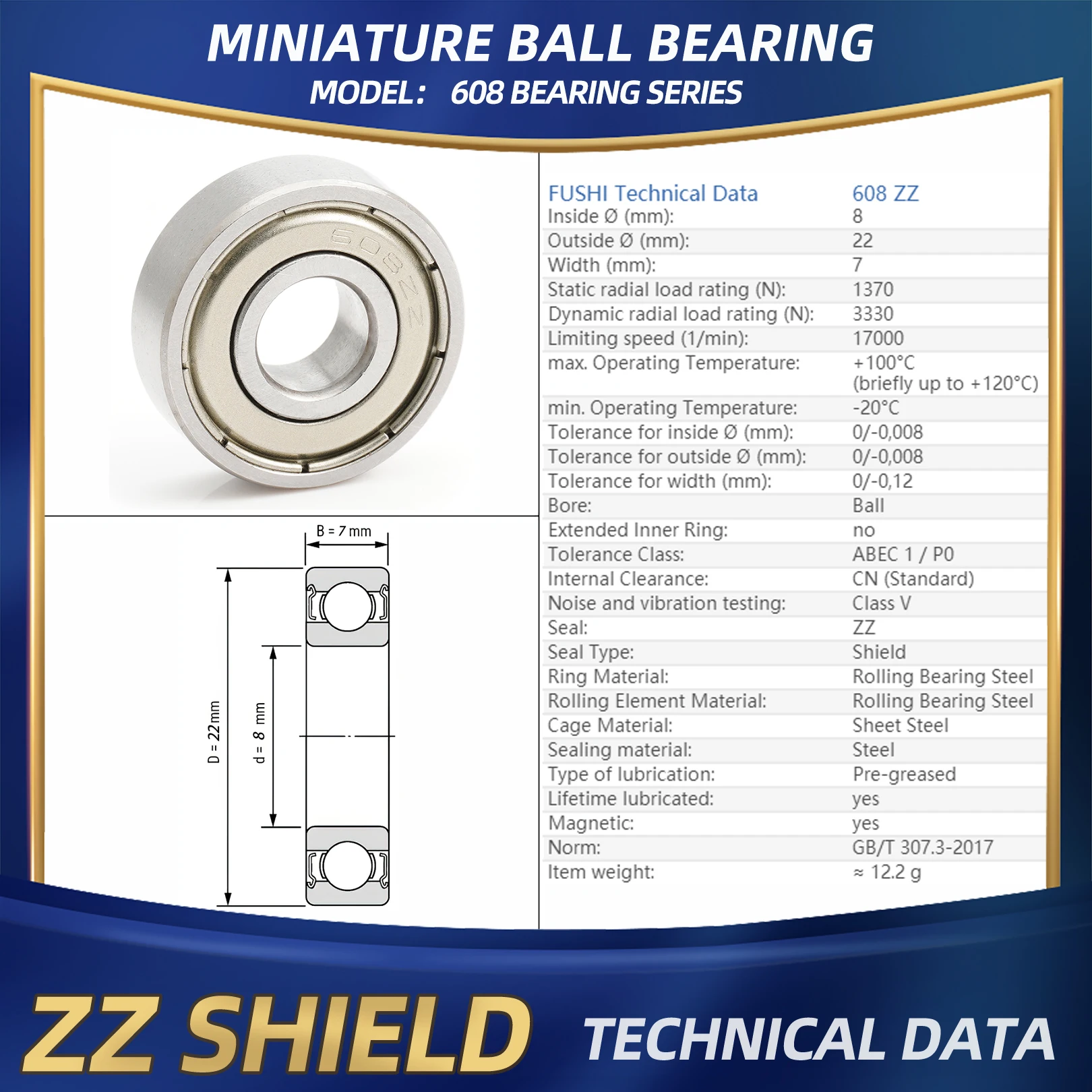 FUSHI 608 ZZ Bearing 8x22x7 mm 10Pcs 608ZZ RS 2RS Flange Handpiece