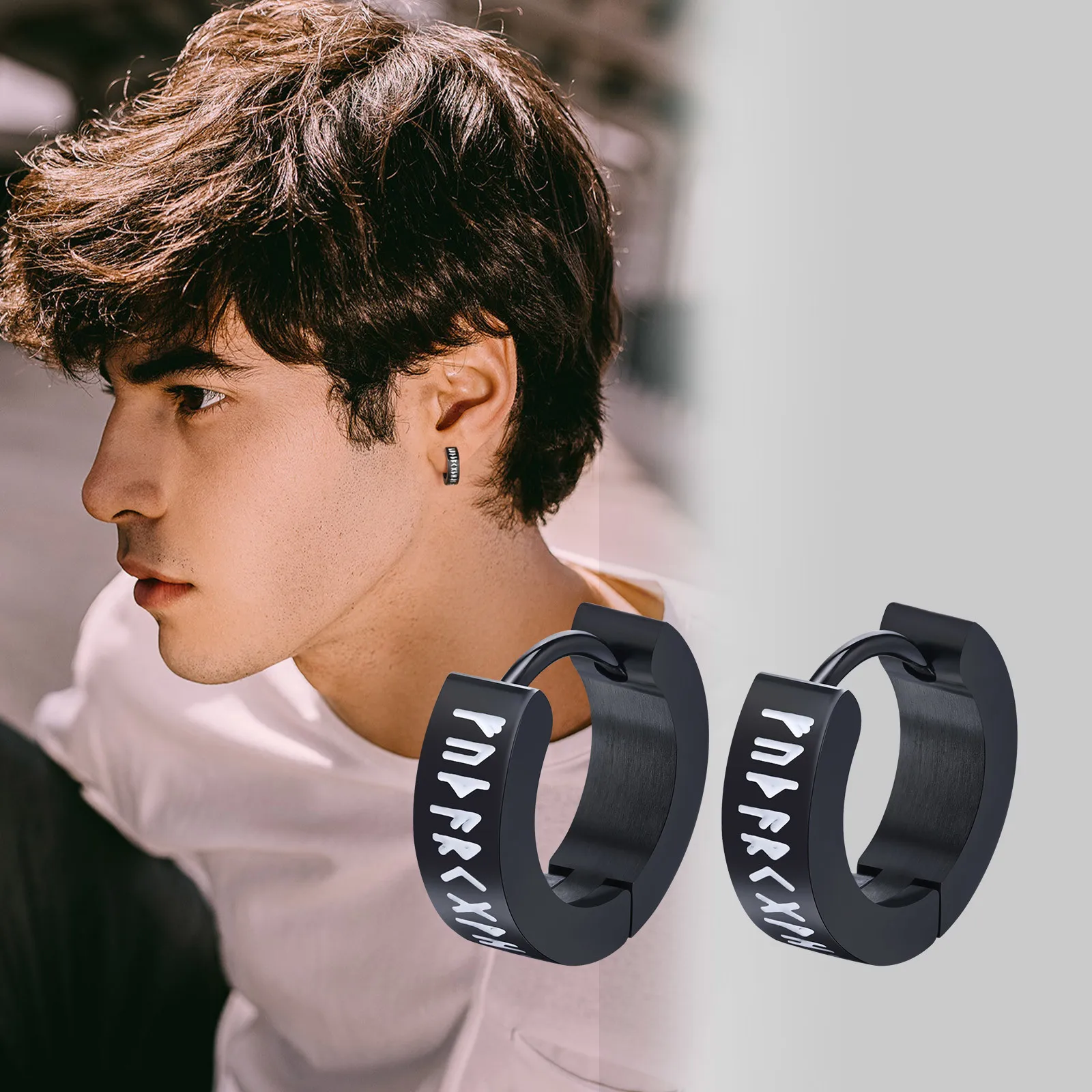 Vnox Norse Viking Runes Hoop Earrings for Men Women, New Punk Stainless Steel 13mm Huggie Hoops Ear Gifts Jewelry, brincos