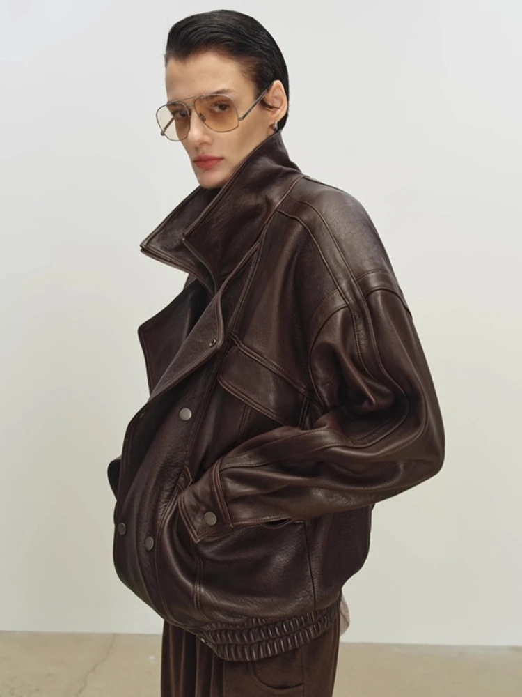 Vintage Genuine Leather Motorcycle Jackets for Women Autumn Winter High-end Solid Simple Stand Collar Bubble Real Sheepskin Coat