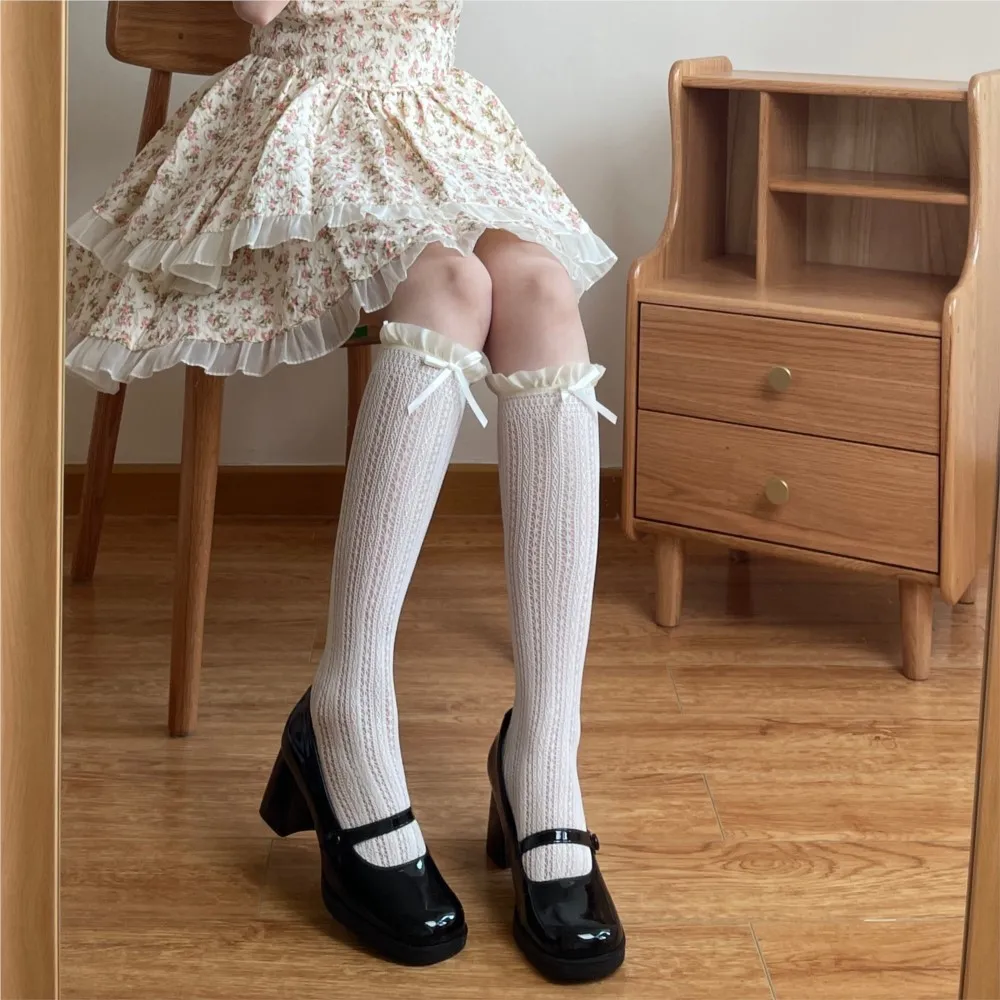 Japanese Style Sweet Girls Long Socks Stockings JK Lolita Bowknot Ruffles Knee Socks Women Hollow Out Mesh Fishnet Stockings Sox