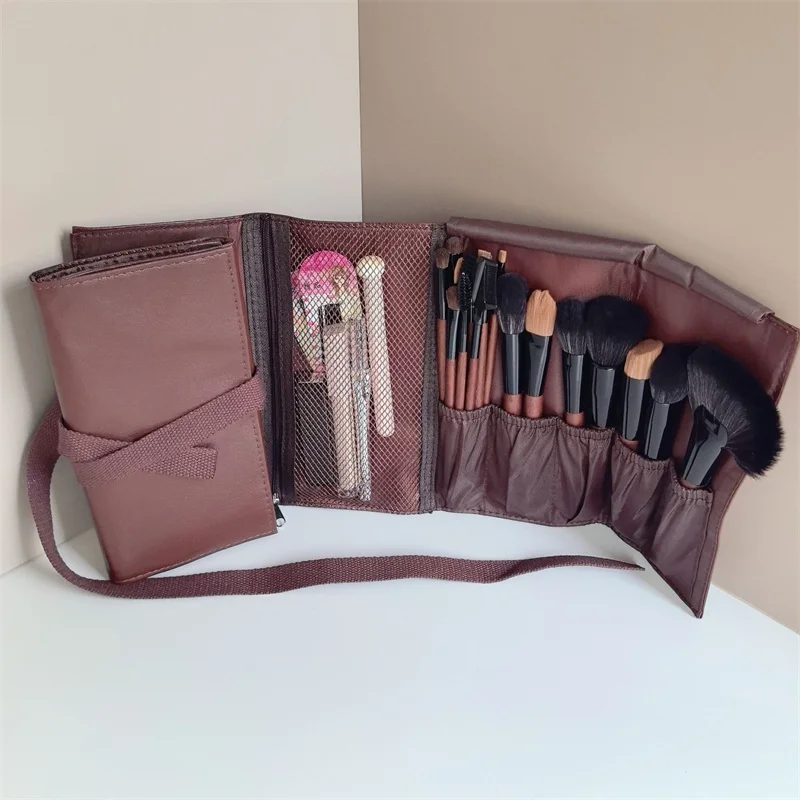Bolsa Enrollable para Brochas de Maquillaje de Cuero PU, Bolsa de Almacenamiento Plegable para Brochas Cosméticas, Bolsa Organizadora de Maquillaje de Viaje con Múltiples Ranuras y Correa de Sujeción