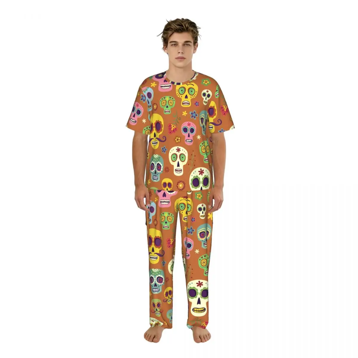 

Мужской комплект пижамы: летние топы с короткими рукавами + длинные брюки, домашняя одежда, костюмы с принтом Sugar Skulls The Day Of The Dead, одежда для сна.