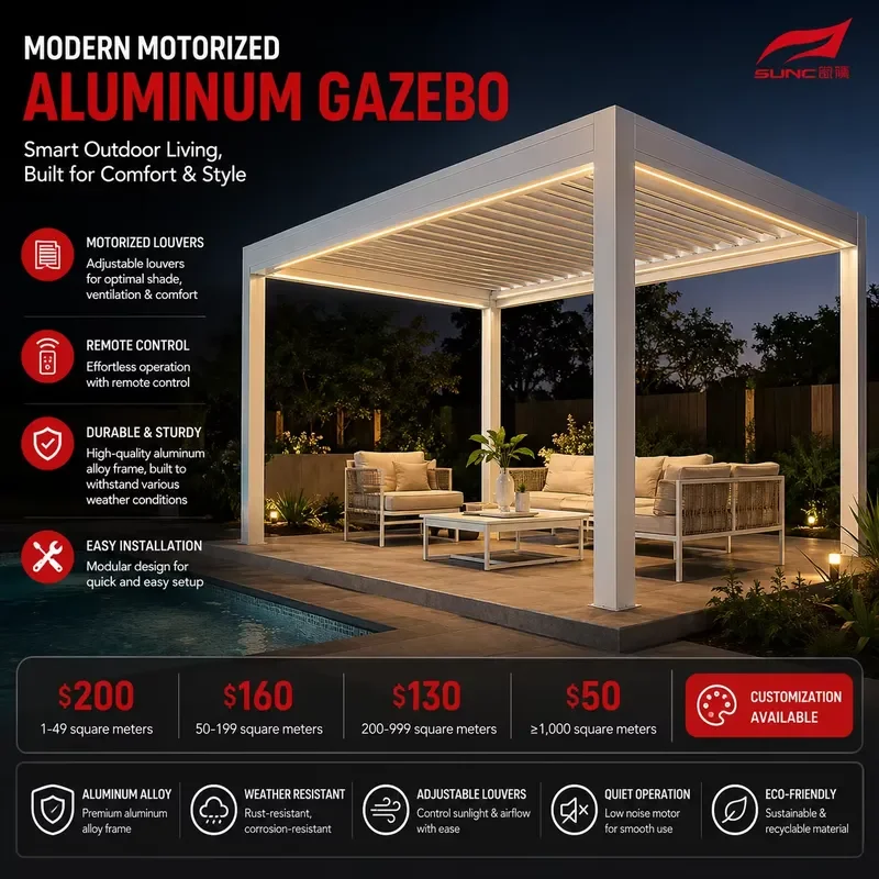 Heavy Duty Rust Resistant Premium Aluminum Frame Motorized Pergola Quiet Motor Retractable Louver All Weather