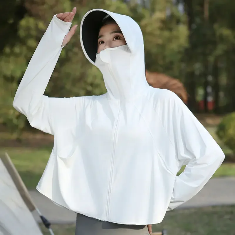 Women UPF 50+ UV Protection Sun Protection Jacket Summer Cooling Ice Silk Shawl Coat with Black Glue Brim Hood Breathable Lightw