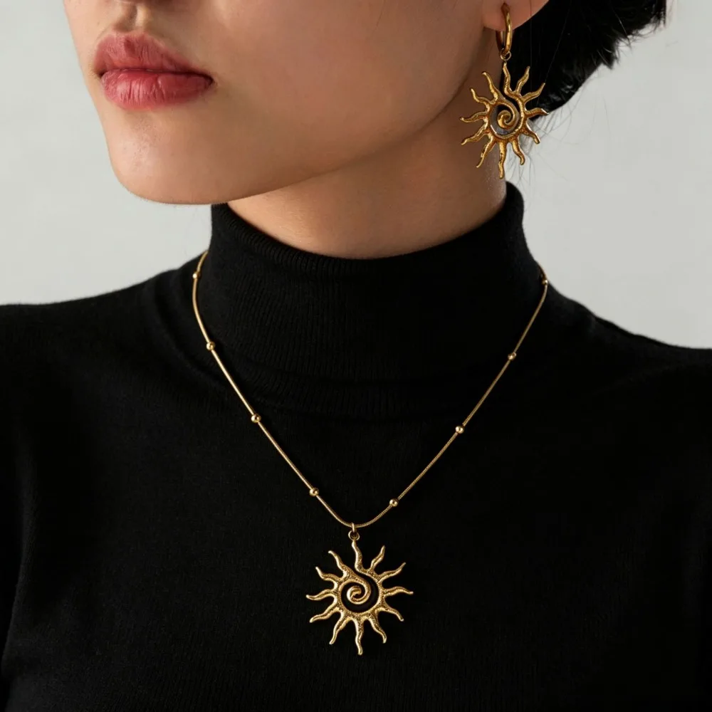 Retro Temperament Gold Color Stainless Steel Sun Spiral Pendant Necklace Dangle Earrings for Women Beach Vacation Jewelry Sets