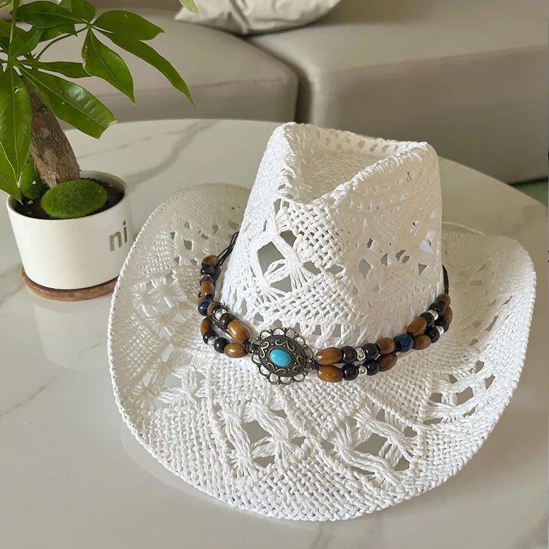 Vintage Summer Beach Bohemian Straw Hat Shell Women Men Western Cowboy Hats Wooden Beads Hollow Out Sun Hat Holiday Cap