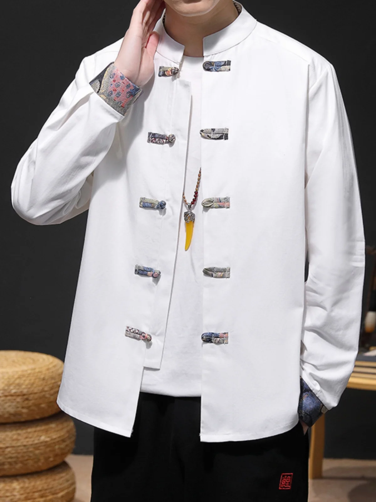 

New Chinese Sle Cotton Linen Men's Jaet Spring Casual Retro Ethnic Tang Costume Stand Collar Top Middle-aged Leisure