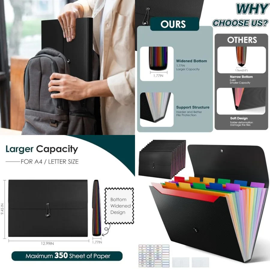 

10 Pack Accordion File Organizer with Labels, 13 Pockets Expending File Folder, Binder for Document Storage, Classroom, Office,