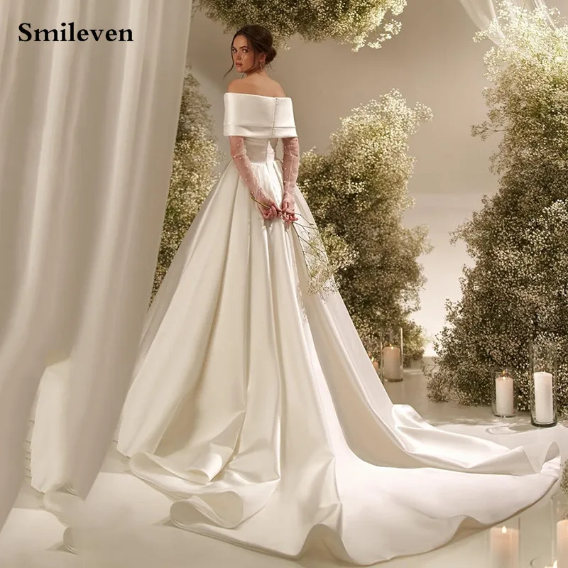 

Smileven 2 Pieces Satin Wedding Dresses Off The Shoulder Bride Dresses Vestido de novia 2024 Customized Removable Wedding Gowns