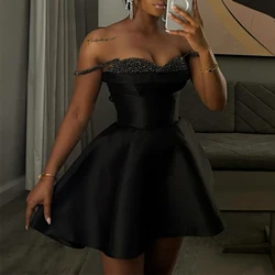 Lady Sexy Off Shoulder Pleated Suspender Dress Casual Sleeveless High Waist Party Dress Black Sequin Patchwork Slim A-line Dress
