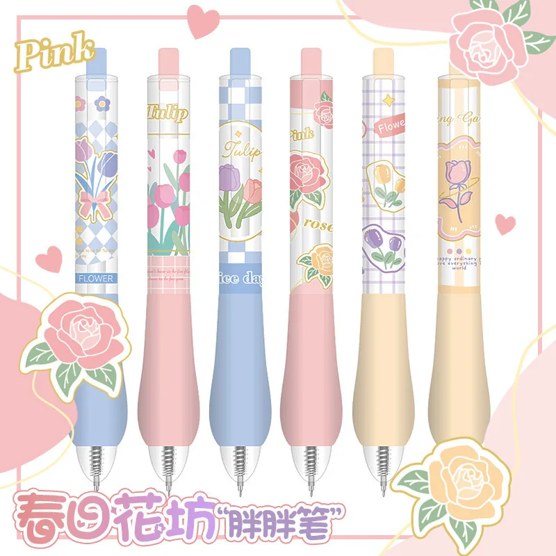 6Pcs Ins Aesthetic Tulip Fat-head Gel Pen 0.5mm Black Ink Quick Drying Cute Cartoon Girl Notebook Exam Writing Pen Stationery