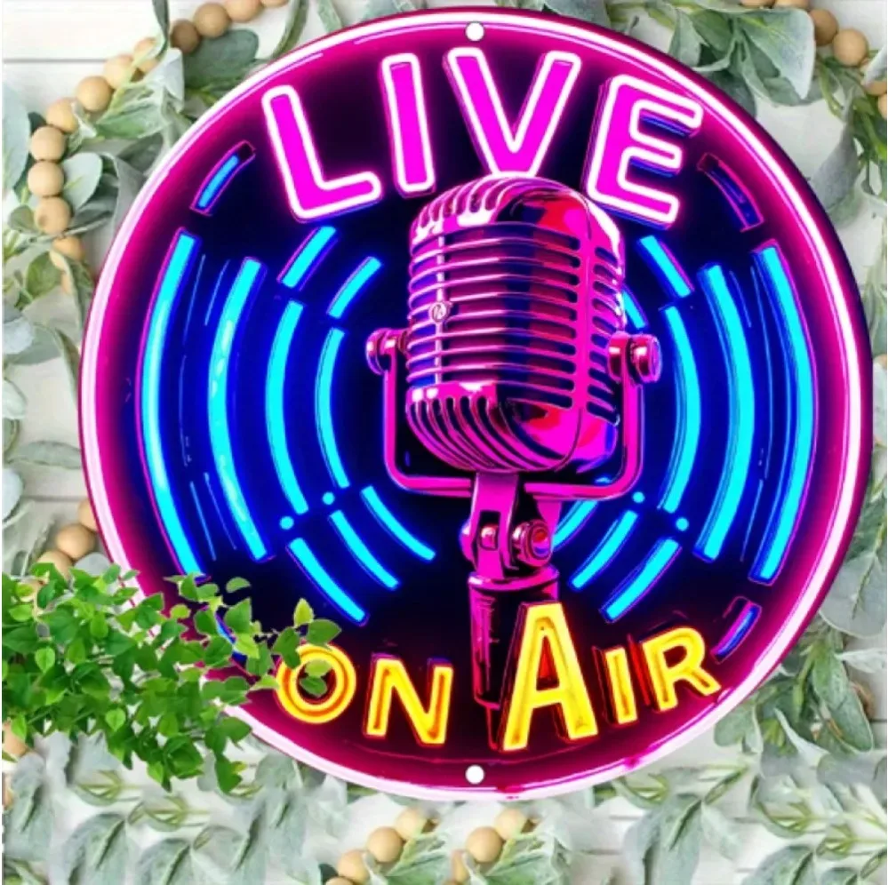 Retro Live Stream Neon Mic Metal Sign 8x8 inch – 2D Printed Circular Wall Art for Home Bar Garage Man Cave Decor