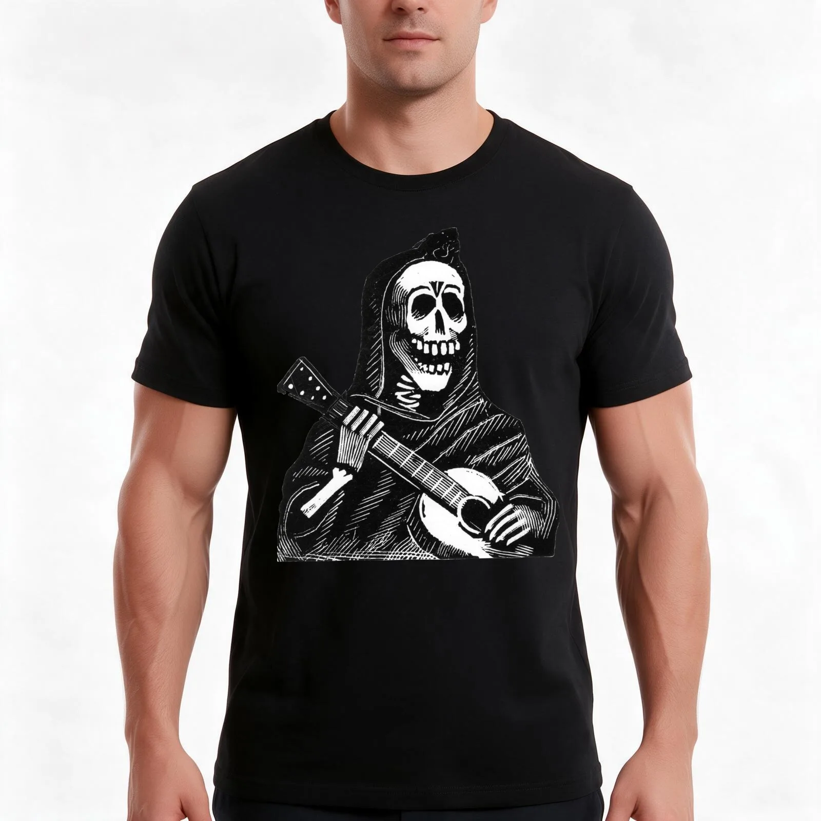Guitarist skeleton. “Balladeer” by Jose Guadalupe Posada T-Shirt Summer Casual Cotton Tee Oversized Streetwear Tops