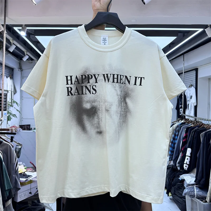 

Happy When It Rains Fuzzy Portrait Printed T-shirt Men Women Retro Loose Casual Tops Tee