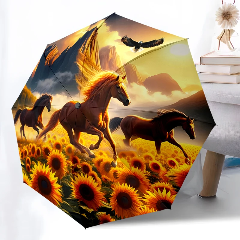 Horse Theme Folding Umbrella - Fashionable Auto-Open Design 8 Iron Ribs Plastic Handle Foldable Sunshade Perfect Christmas Gifts