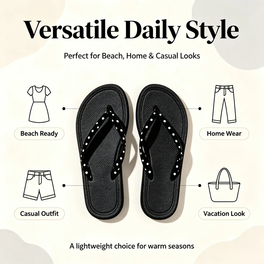 Ladies' Black And White Polka Dot Thin Strap Thick-soled Flip-flops, Soft Cloth Surface Sandals Anti-slip Lightweight Thick-soled Summer Slippers