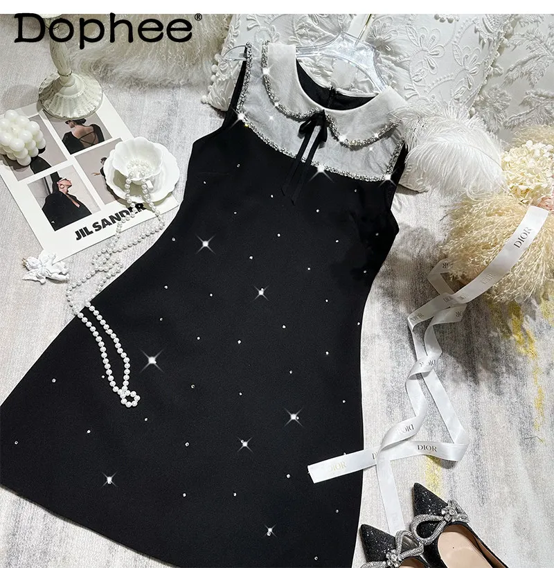

French Heavy Industry Diamond-encrusted Doll Collar Temperament Sleeveless Dress 2026 Summer Sweet Elegant Lady Bow Short Dress