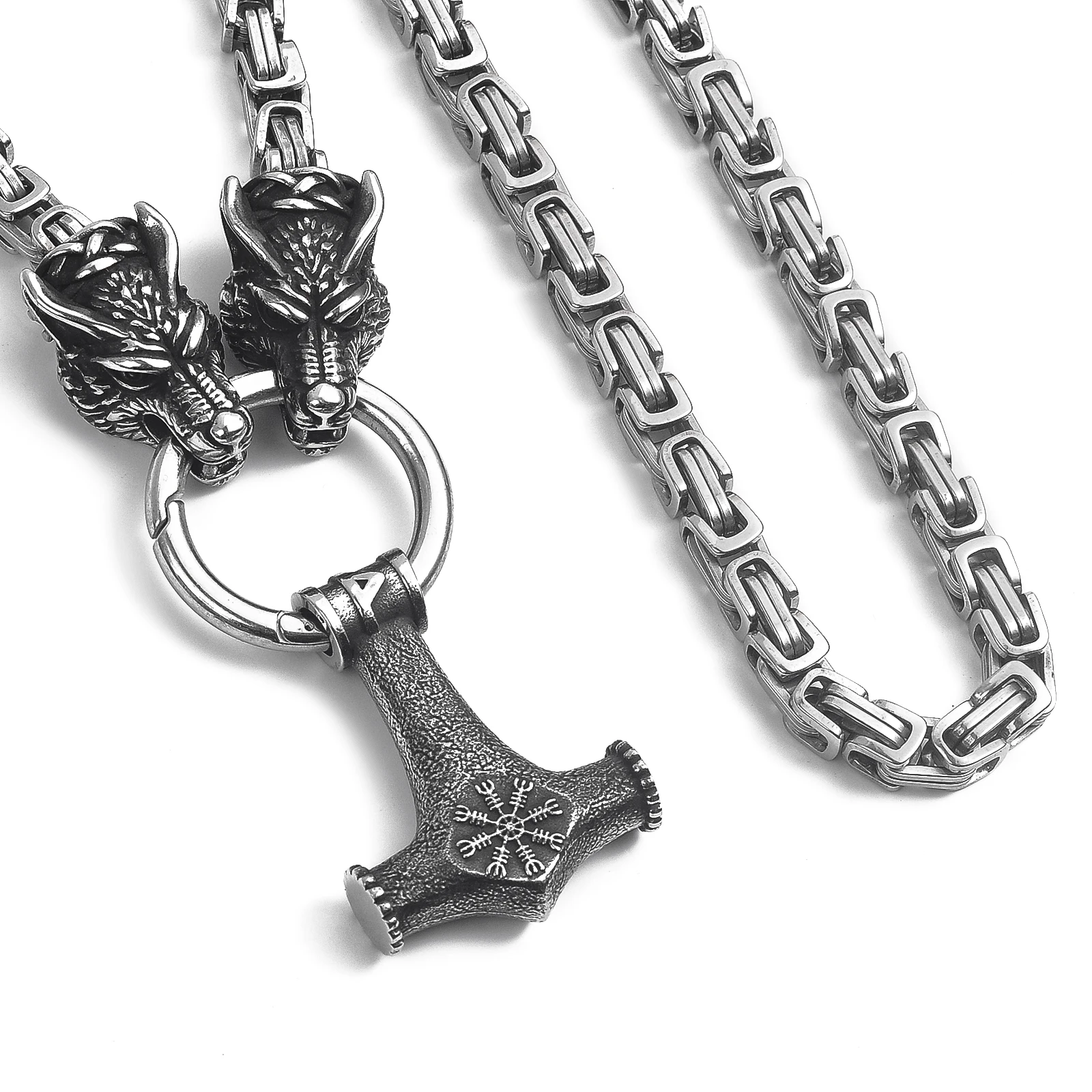 New Arrival Stainless Steel Wolf Heads Thor's Hammer Pendant King Chain