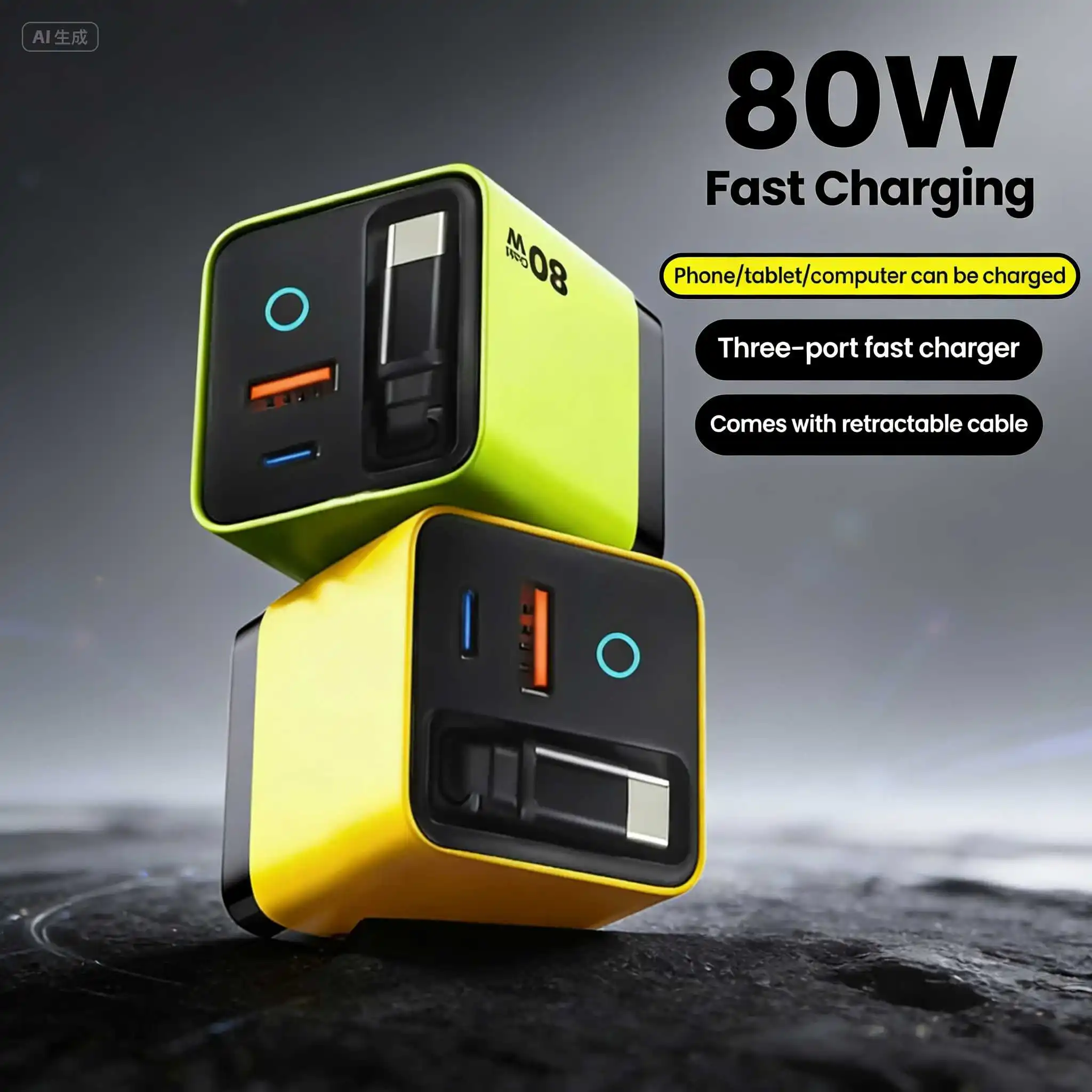 3-in-1 USB-Ladegerät 80W GaN Typ-C Schnellladegerät mit Typ-C-Kabel USB QC3.0 Schnellaufladung für iPhone Samsung Xiaomi
