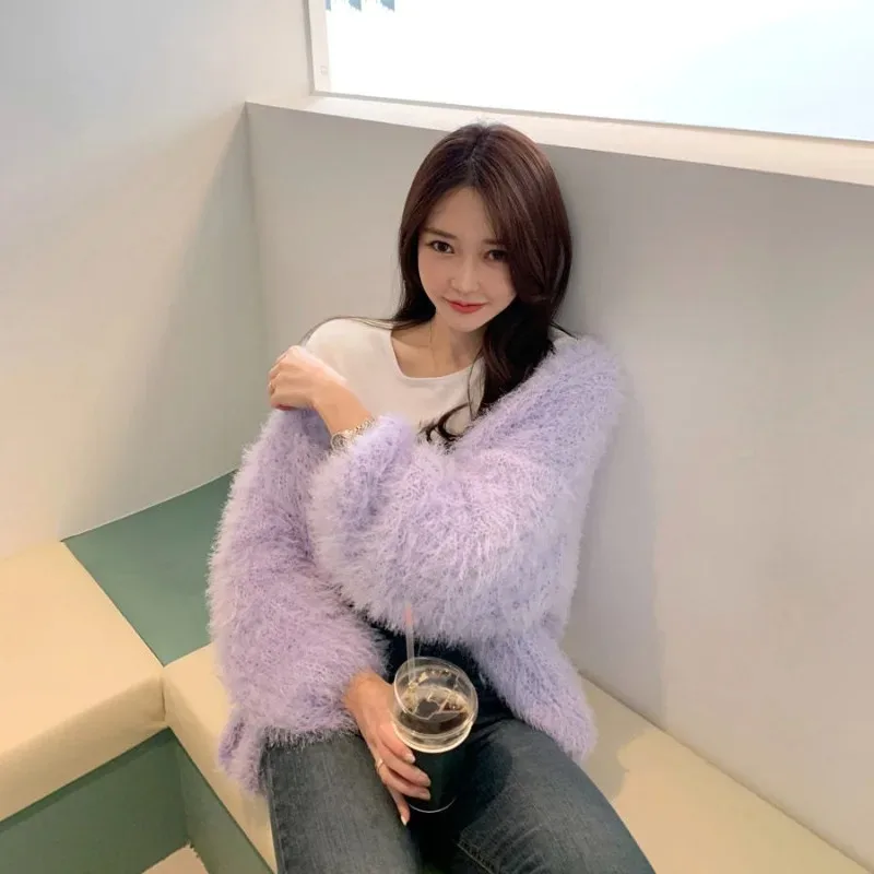 V-neck Furry Loose Knit Cardigan Mohair Crochet Sweater Jacket Faux Fur Plush Jacket Velvet Lantern Sleeve Top Sweater Jacket