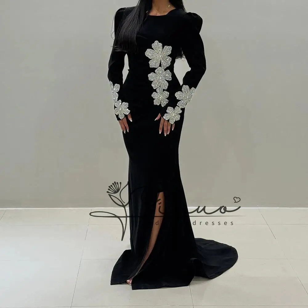 

customized Evening Dresses Floor-length O-neck Full Sleeve Prom Gown Fashion Flowers Crystal Side-split Party Gown