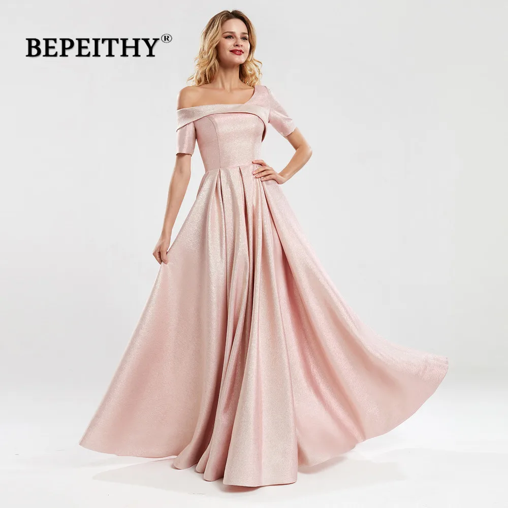 BEPEITHY Customized One Shoulder Short Sleeves Long Evening Dresses Pink Glitter Prom Dress 2023 Vestido De Fiesta De Boda