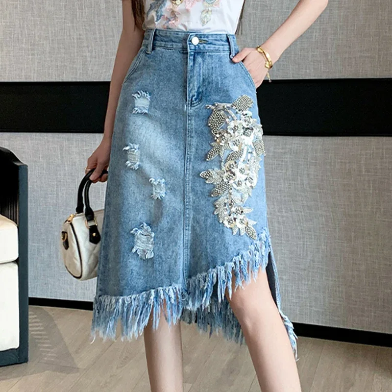 

Denim Skirt for Women Summer Beading Jeans Skirt Female Elegant Casual High Waist Tassels Asymmetrical Skirts Women's Clothing