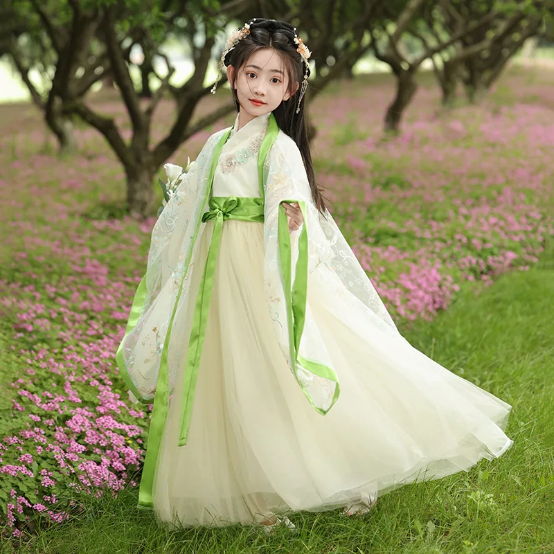 중국어 번체 Hanfu 의상 소녀 고대 드레스 동양 공주 드레스 우아함 어린이 어린이 당나라 댄스 착용