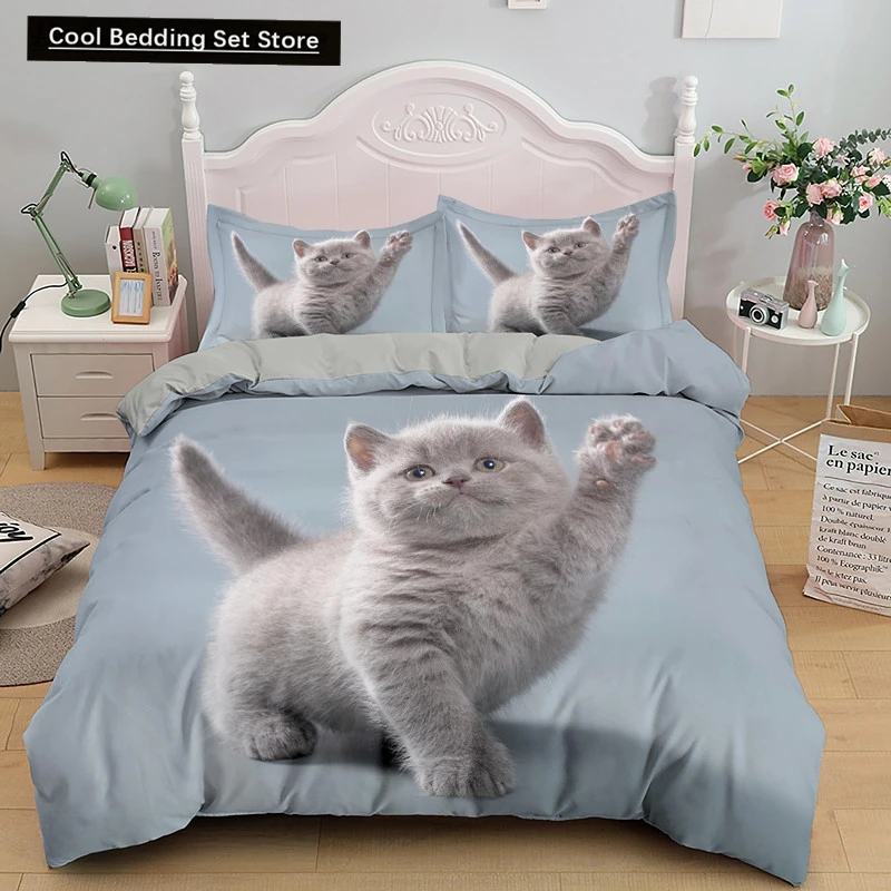 Little Cat Duvet Cover King Queen Size 3D Grey Cute Kitten Bedding Set for Adults Lovely Animal 2/3pcs Polyester Quilt Cover