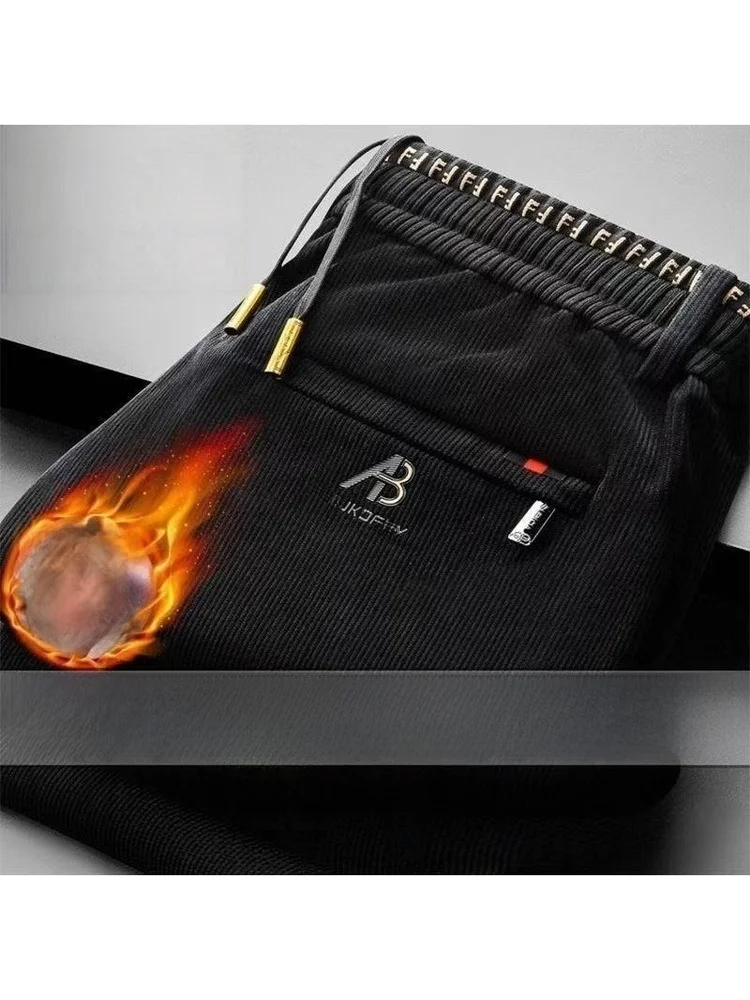 Men's Winter Casual Corduroy Pants Loose Straight Leg Elastic Sports Trousers Thickened Fleece Youth Fashion Wear Resistant