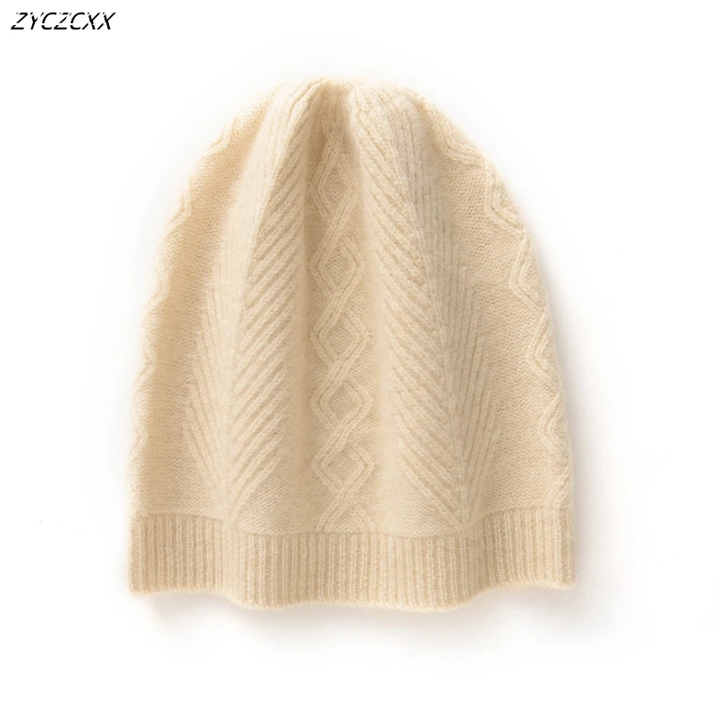 

100% Pure Goat Cashmere Women's Skullcap High Quality 2023 New Winter Knitted Flower Hat Women's Outdoor Warm Bun Hat Woman