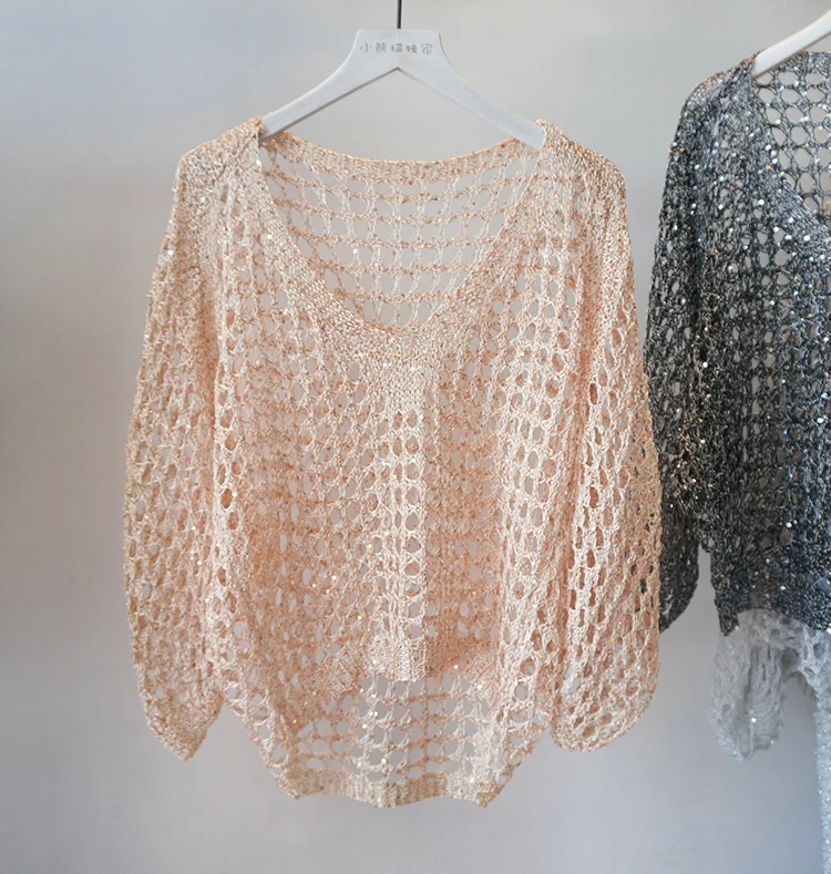 Sequin Hollow Out Loose Blouse Bright Silk Knitted Sweater Bats Sleeved V Collar Sunscreen Shirt Versatile Women 2024 Fashion
