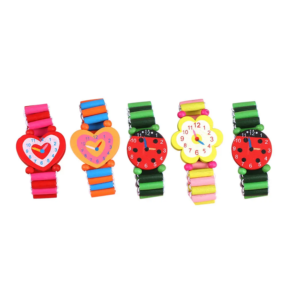 5 pezzi di cartone animato orologio in legno giocattoli per bambini colore brillante tempo cognitivo educativo falso orologio in legno per bambini apprendimento precoce