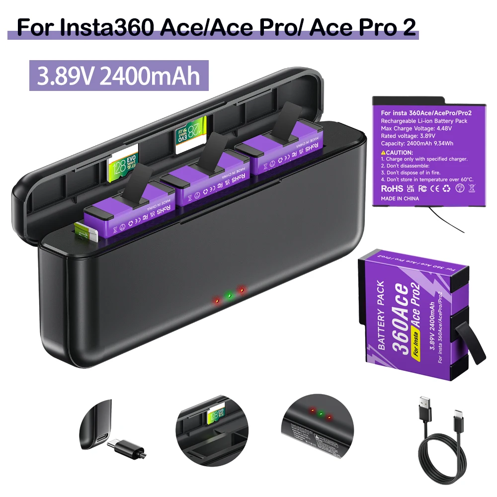 2400mAh Battery for Insta360 Ace Pro 2 Insta360 Ace Pro + 3-Slot LCD Charger for Insta360 Ace Insta 360 Ace Pro 2 Battery Camera
