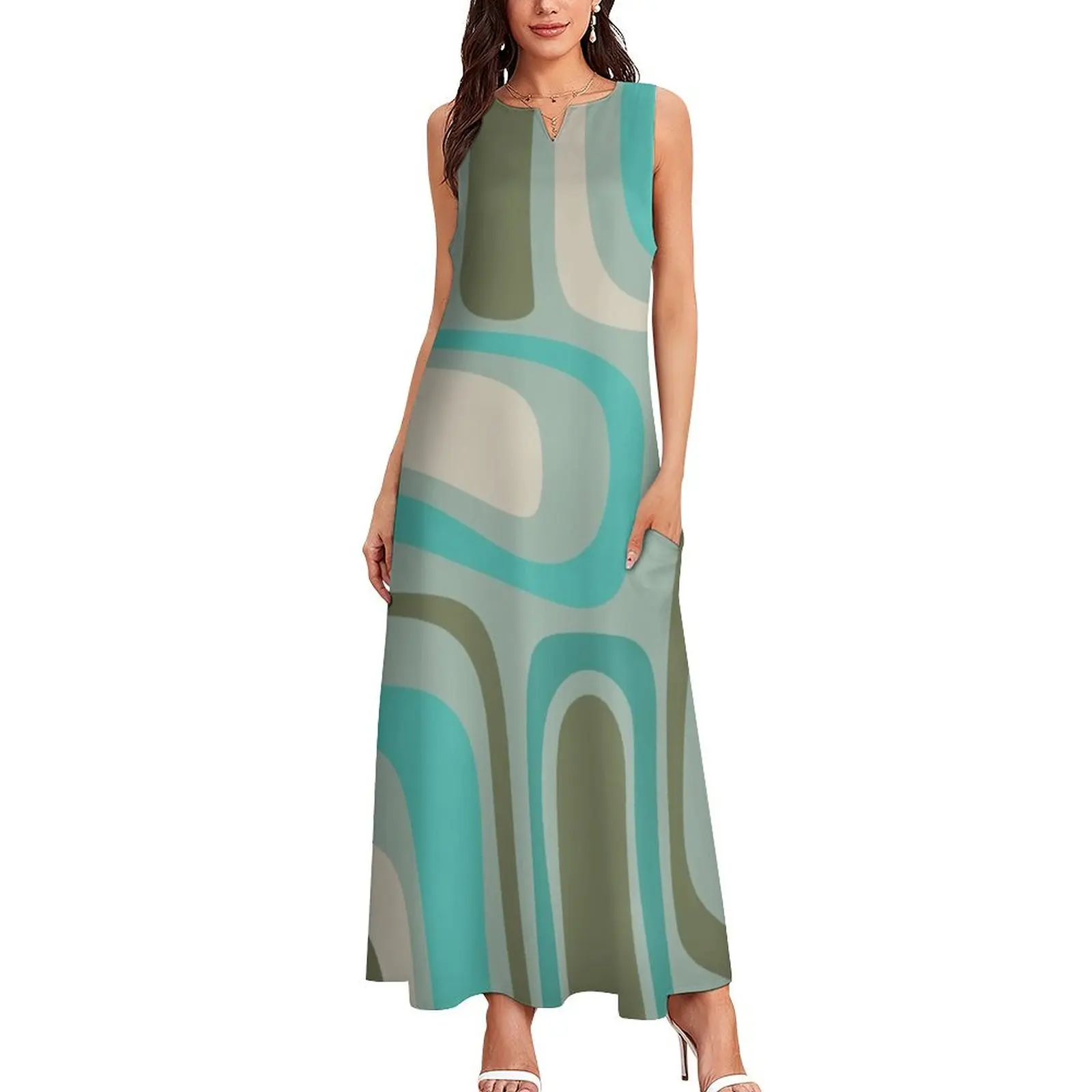 Palm Springs Retro Mid Century Modern Abstract Pattern Vintage Turquoise, Olive, Celadon, and Ecru Long Dress