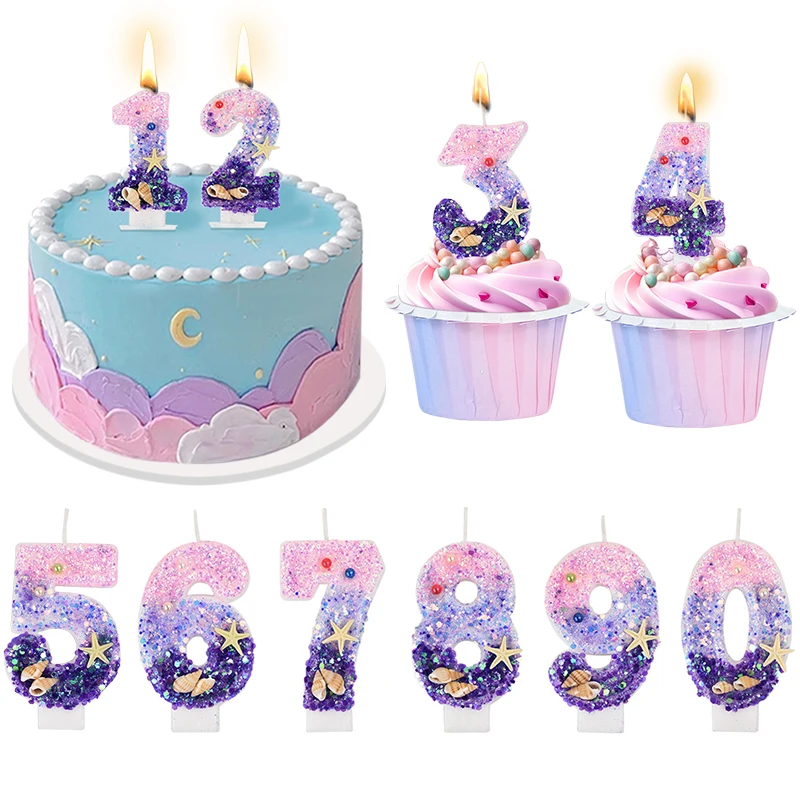 Ocean Mermaid Cake Decoration 3D Sparkly Number Candles Cake Topper Baking Celebration Mermaid Birthday Party Decor Accessories