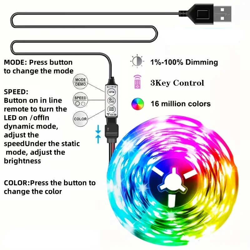 1pc 5V LED Strip With USB And Three-keys Control For Colorful TV Background Decorative Light For Living Room And Bedroom
