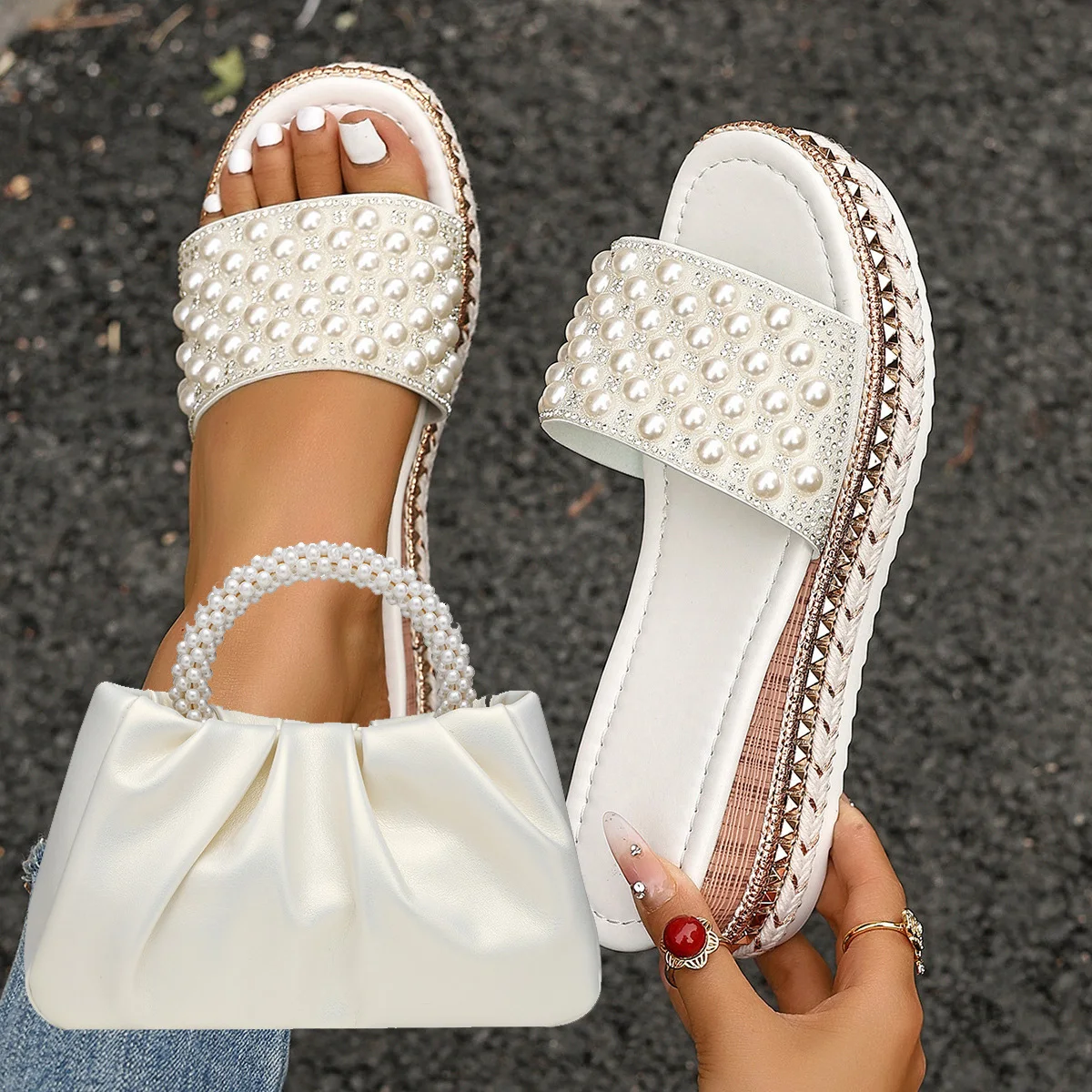 

Women's Summer Fashion Pearl Sequined Wedge Slippers Plus Size Leisure Rivet Decorative Platform Sandals with Pearl Shoulder Bag