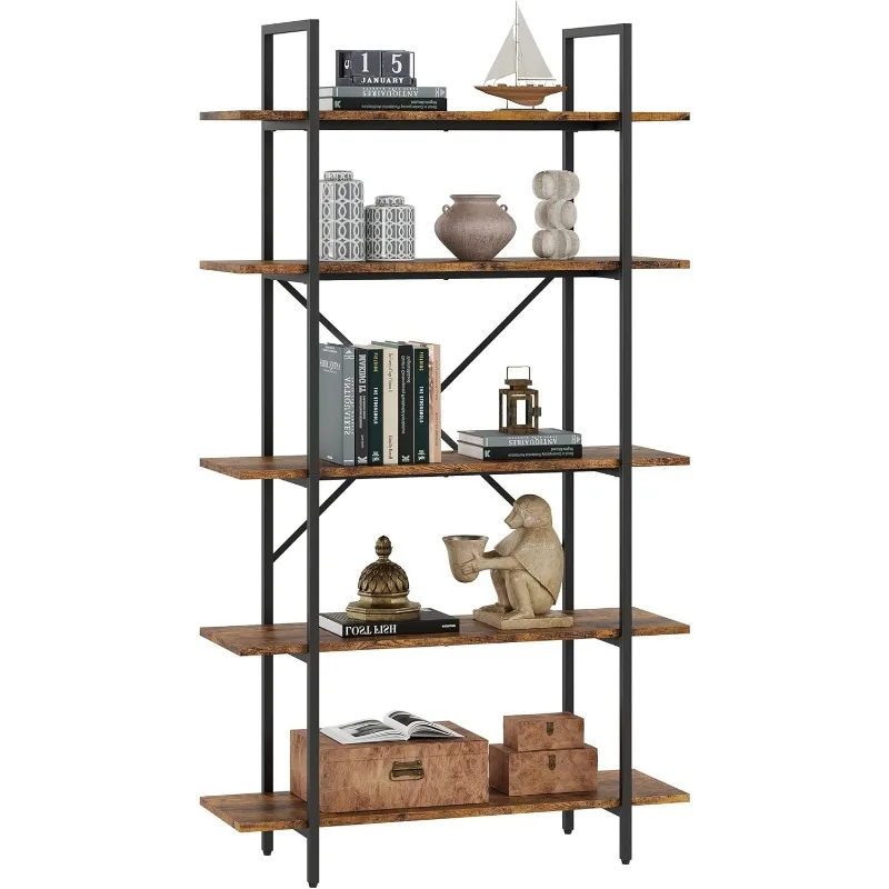 Bookshelf, 5 Tier Shelf Bookcase, Tall Bookshelf with Storage, Industrial Display Shelves with Open Metal Frame for Bedroom,