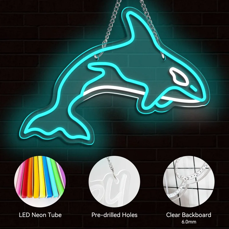 Killer Whale Neon Light Sign Acrylic Animal Neon Sign USB for Home Kids Bedroom Gaming Room Aquarium Wall Decor Cartoon LED Sign