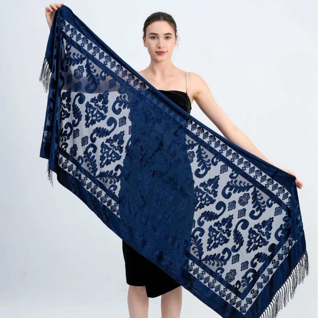 

Velvet Lace Hollow Out Scarf Retro Shawl Ethnic Style Tassel Scarf Velvet Pashmina Stole Babushka Muslim Hijab Beach Shawl