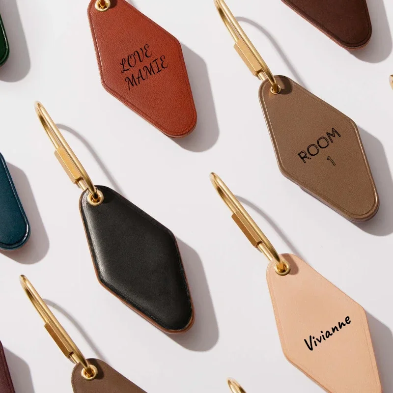 Vintage Custom Logo Diamond Shape PU Leather Keychain Personalized Name Key Chain Ring Personalize Hotel Door Number Keyring - Image 3