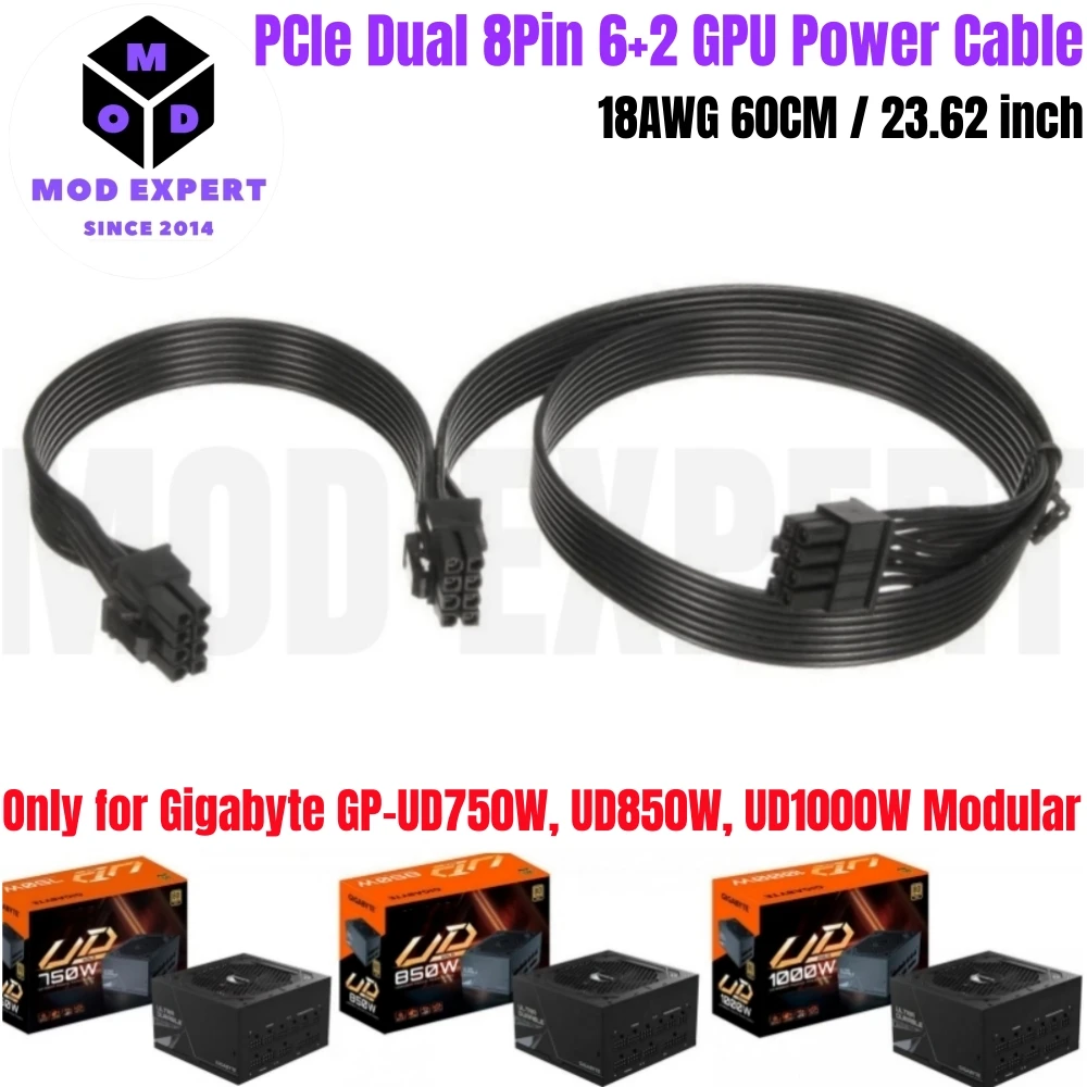 PCIe Dual 8Pin 6+2Pin 60+20CM GPU Power Cable for Gigabyte GP-UD750GM 750W, GP-UD850GM 850W, GP-UD1000GM 1000W Gold Modular PSU
