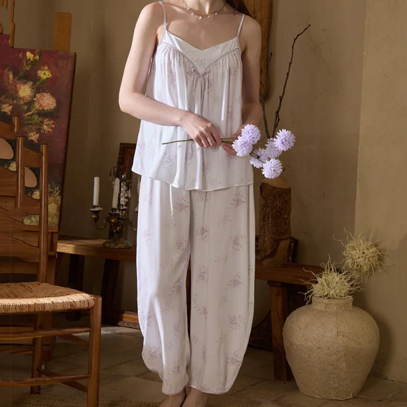 Summer Romantic Wisteria Flower Strap Lantern Pants Cotton Silk Pajama Set Loose Comfortable Girls Color Border Home Clothes